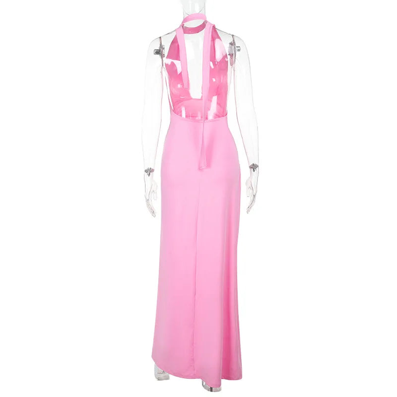 Torova Halter Bandage Slit Long Dress For Women U Neck Sexy Backless Maxi Dress Slim Beach Party Ruched Dress Female Elegant