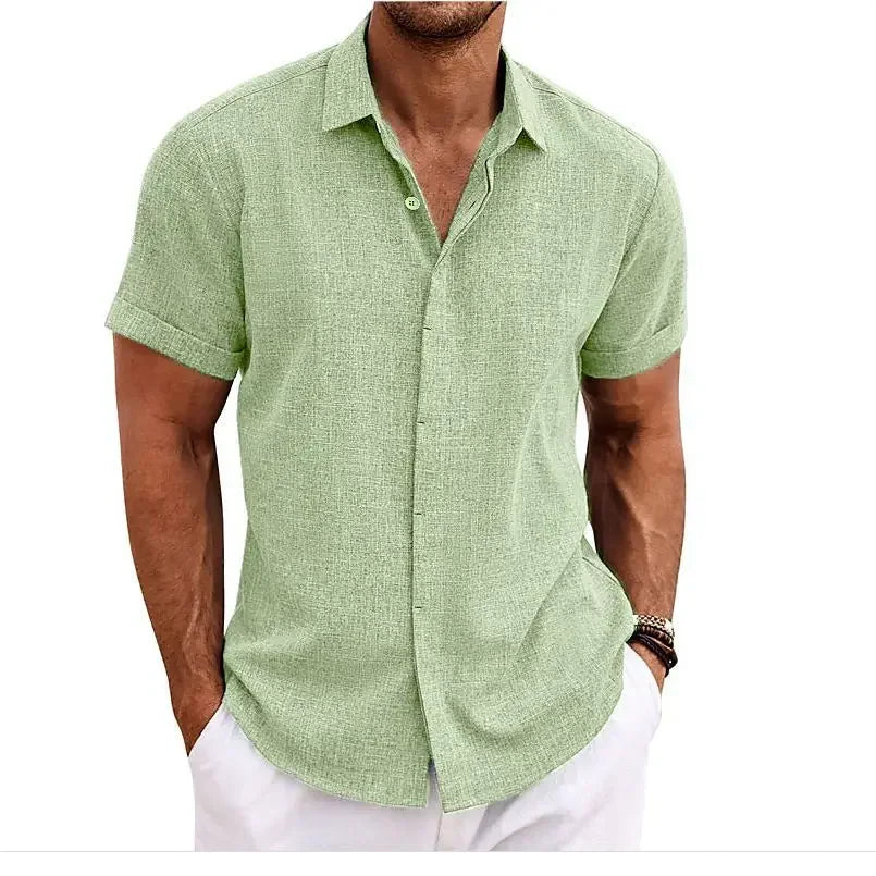 High Quality Cotton Linen Double Placket Men's Cardigan Short Sleeves Summer Home Use Lapel Shirt Cross-Border Style