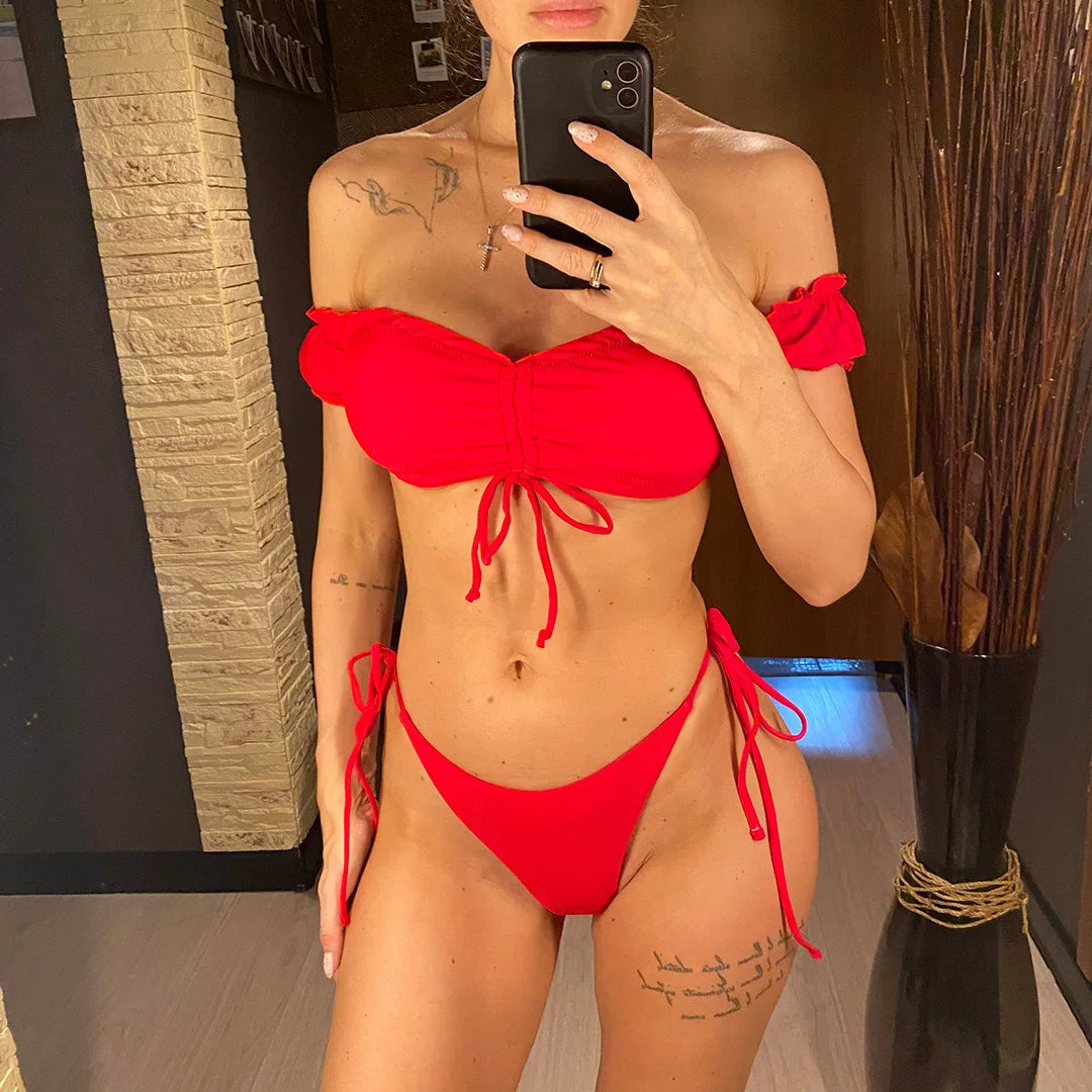 Off Shoulder High Cut Scrunch Butt Bikini Women Swimwear Female Swimsuit Two-pieces Bikini set Bather Bathing Suit Swim V6126