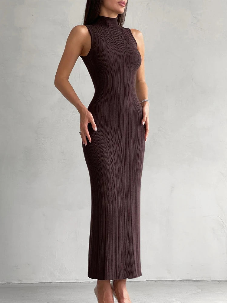 2024 Spring Summer Knitted Long Dress Women Elegant Turtleneck Sleeveless Basic Bodycon Solid Maxi Dresses Female Vestidos