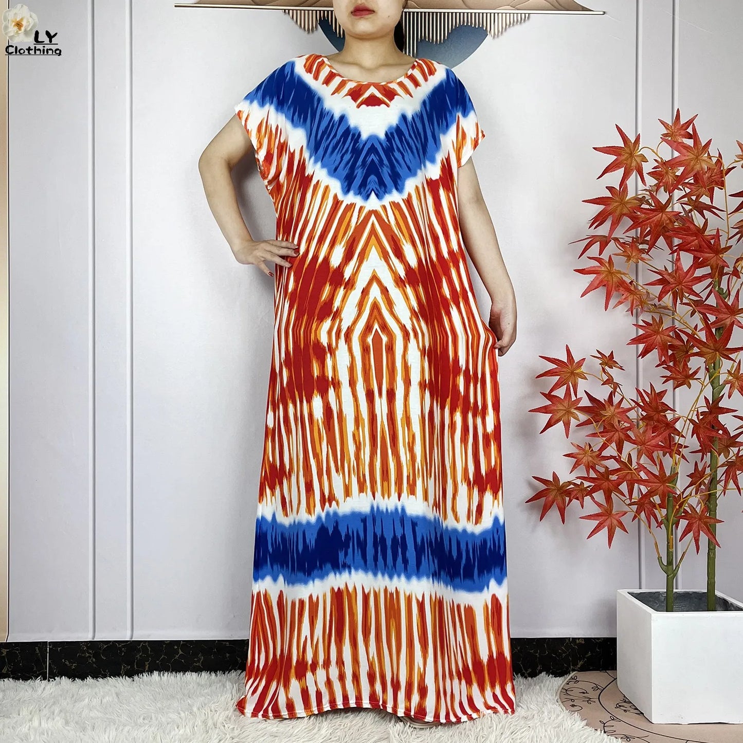 2024 New Style Short Sleeve African Dashiki Tie-dyed Cotton Abaya Caftan Lady Summer Maxi Islam Casual Dresses With Big Scarf