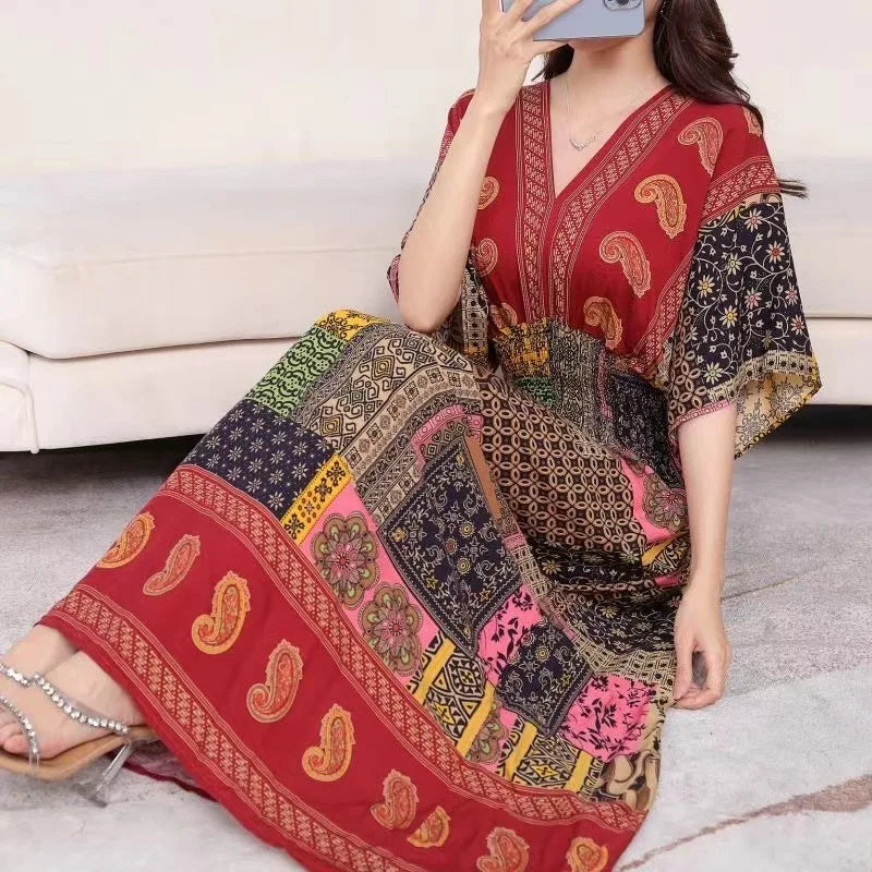 V-neck Large Skirt Hem Casual Sweet Holiday Long Dress Bat Sleeves Elastic Waist Bohemian Print Floral Elegant Dresse For Women
