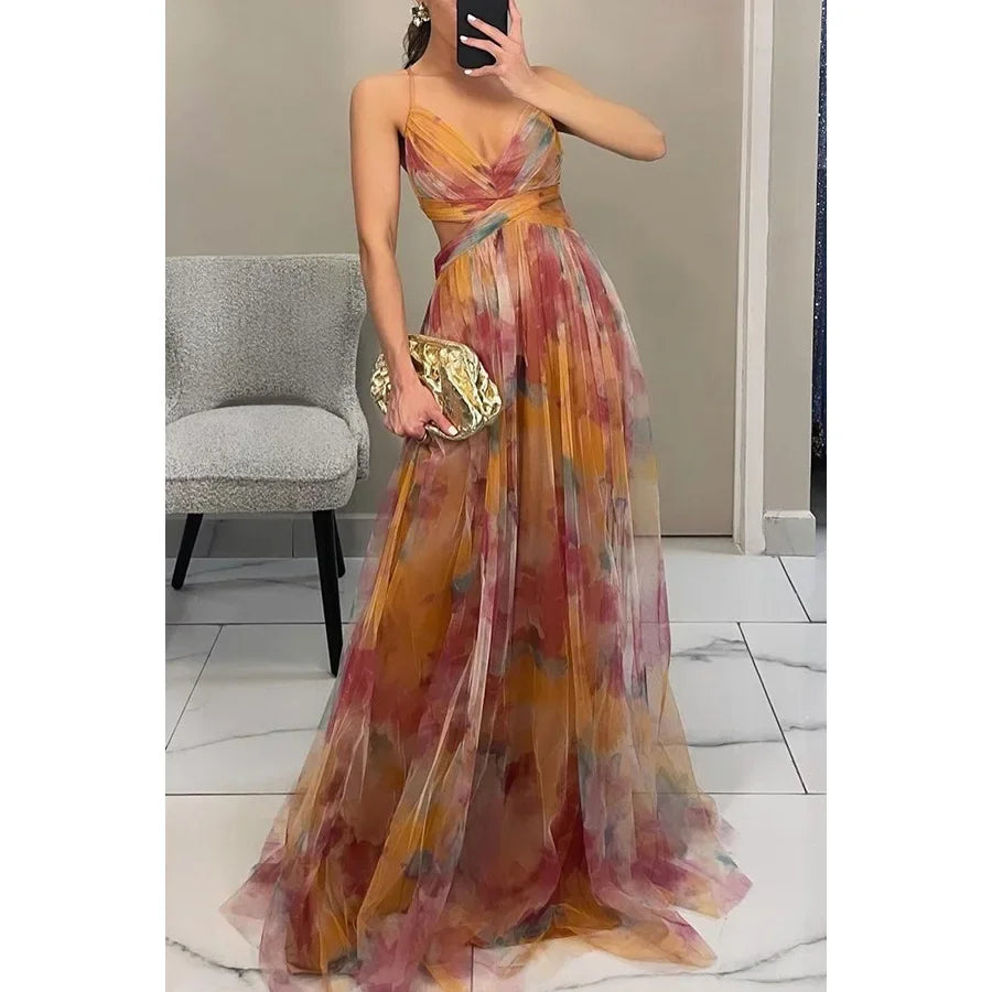 Color Mesh Spaghetti Strap Dresses Women Fashion Sexy V-neck Backless Leace-up Party Club Long Dress Female Evening Vestidos New
