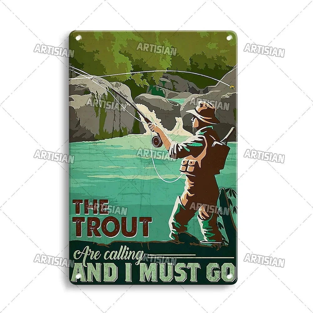 Artisian Fishing Metal Poster Sport Tin Sign Lure Bait Decorative Plaque Wall Decor Garage Bar Pub Club Hotel Cafe Kitchen Home