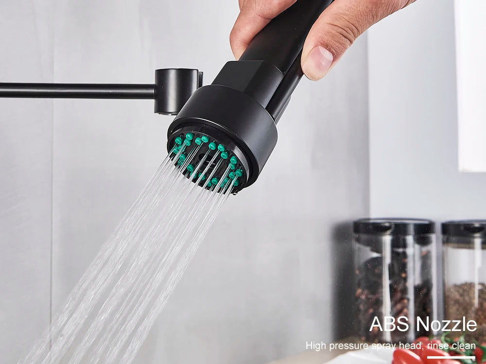 Black Pull Down Kitchen Sink Faucet Hot Cold Water Mixer Crane Tap with Dual Spout 360 Rotation High Faucet Deck Mounted