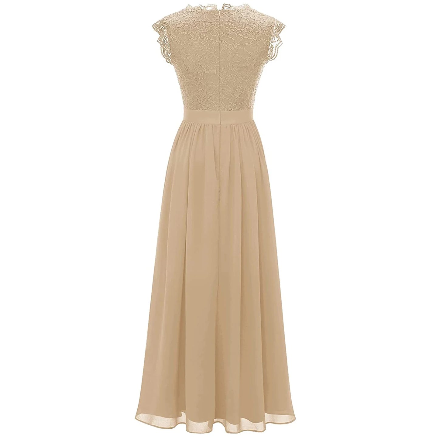 Elegant Women's Party Bridesmaid Long Dress Lace Patchwork Chiffon Sleeveless Wedding V Neck One Piece Formal Party Midi Dress