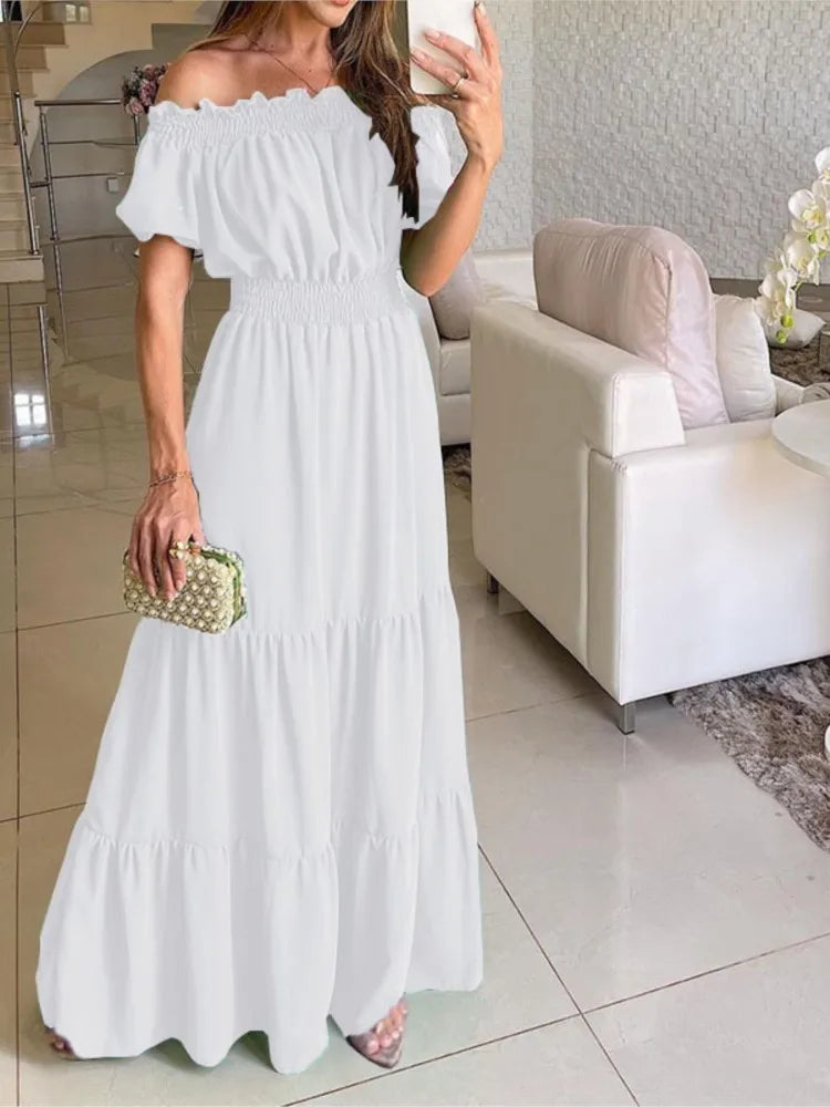 Women's Dress One-line Collar Spring And Summer Short-sleeved New Green Long Dress Fashion Casual Loose Beach Party Dresses Robe
