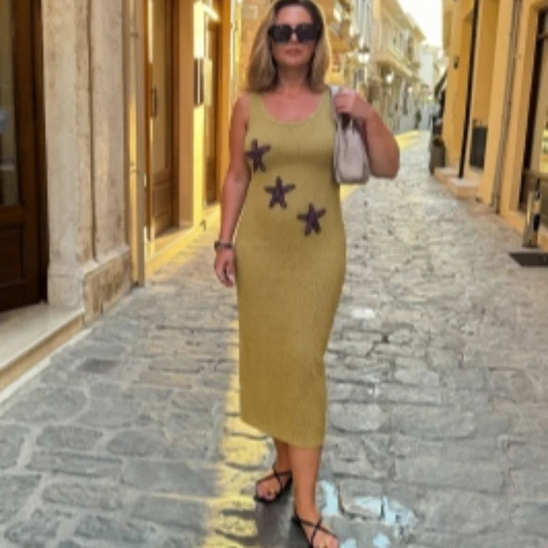 Star Pattern Knitted Sequins Long Dress Women Sleeveless O-neck Solid 2025 Summer Fashion Slim Dresses Vacation Party Vestidos