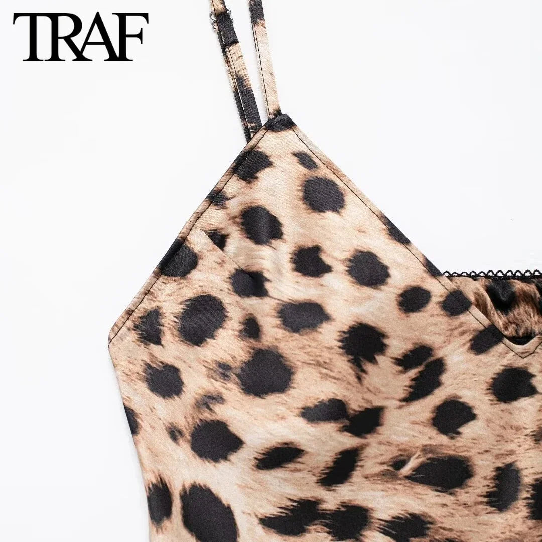 TRAF Women Fashion Summer New Underwear Backless Satin Texture Leopard Print Long Dress Chic Female French Elegance Evening