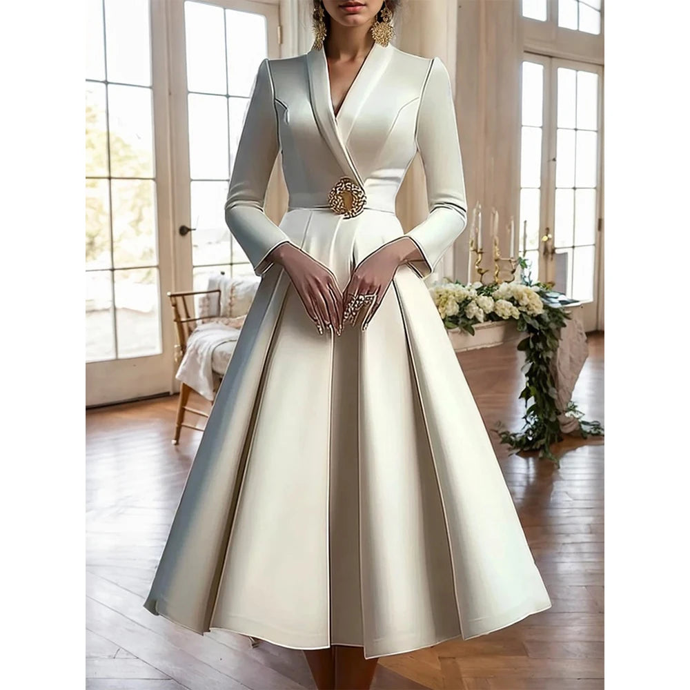 Elegant Women's Dress Wrap V Neck Long Sleeve Pleated Midi Dress Waisted Evening Party Dress Women's Long Dress Vestidos