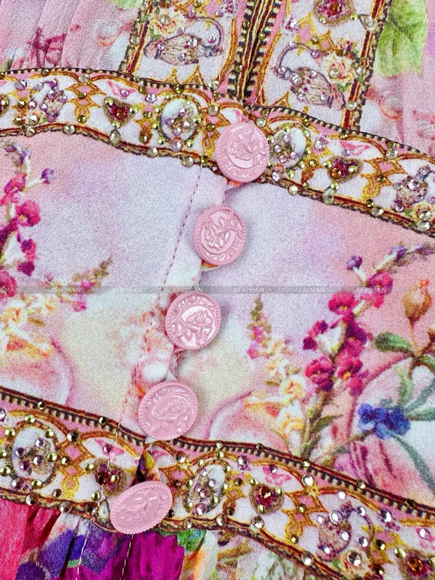 Women V Neck Crystal Beaded Pink Flower Print 3D Flower Embroidery Long Sleeve Silk Long Dress