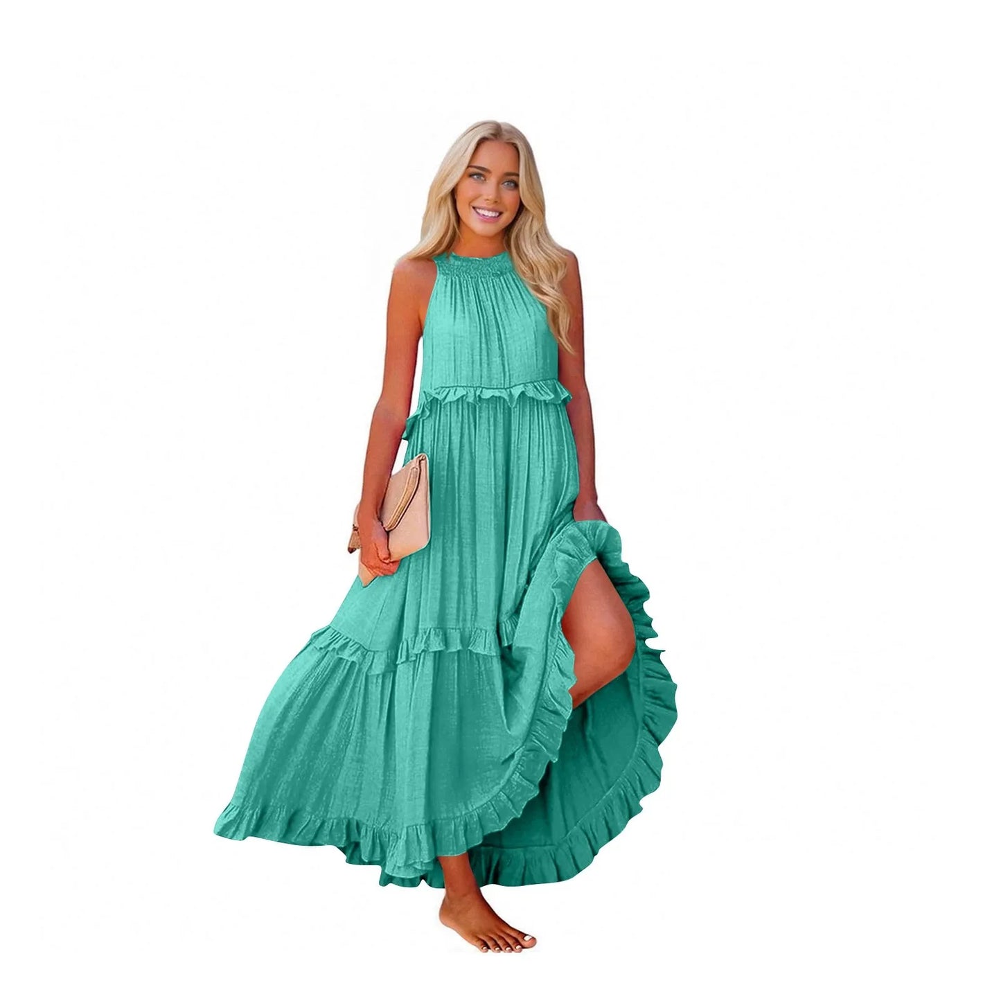 Women's Ruffled hem layered long dresses Summer Sleeveless backless dress Fashion Long Dress Big Swing Beach Dress vestidos
