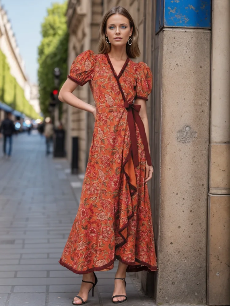 TWOTWINSTYLE Hit Color Elegant Patchwork Lace Up Long Dress For Women V Neck Lantern Sleeve High Waist Temperament Dresses New