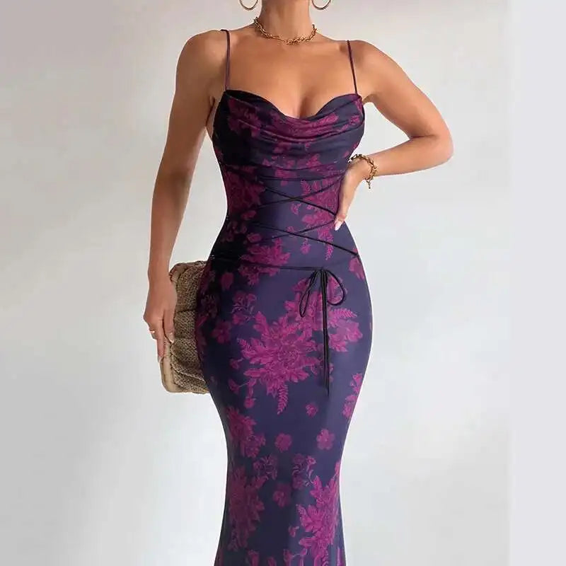 Avrilyaan Pile Collar Print Backless Sexy Dress Women 2024 Elegant Holiday Casual Dress Bodycon Summer Maxi Long Dress Vestido