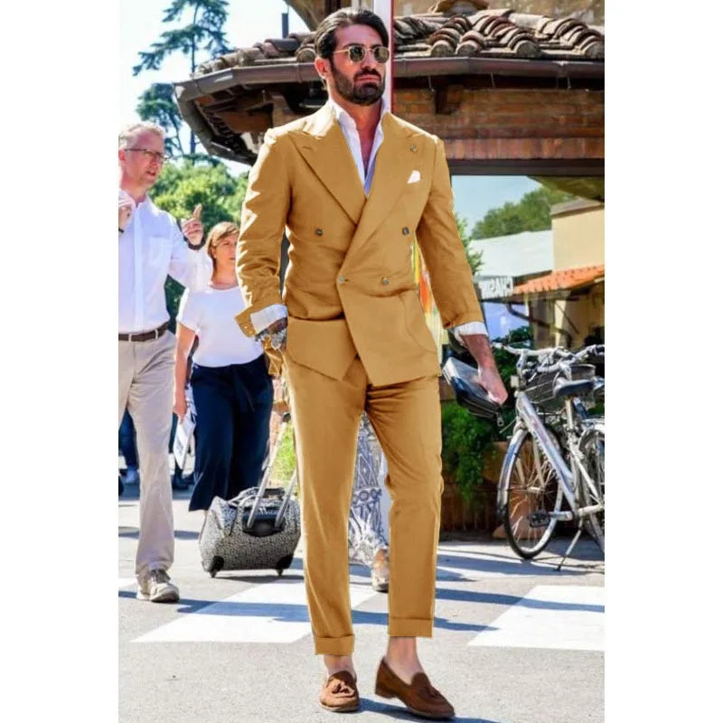 Men's Suit Two-piece Solid Color Double Breasted Fashion Spike Lapel Slim Fit Cropped Pants Casual Business Party Suits 2023