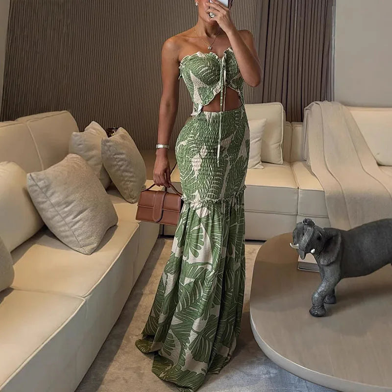 Printed Strap Pleated Long Dress Women Backless Off Shoulder Patchwork Ruffle Summer 2025 Dresses Party Vacation Chic Sexy Robe