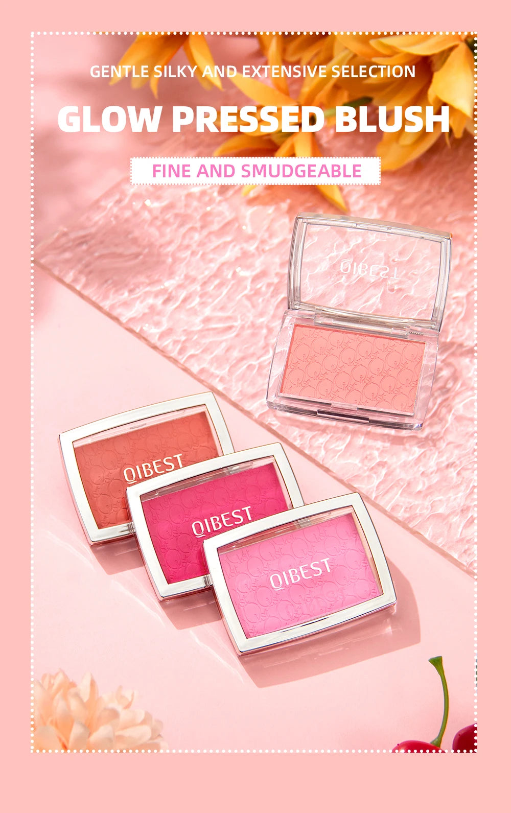QIBEST Natural Cream Blush Palette Makeup Long-Lasting High Pigment Face Blusher Powder Facial Cheek Tint Rouge Women Cosmetics