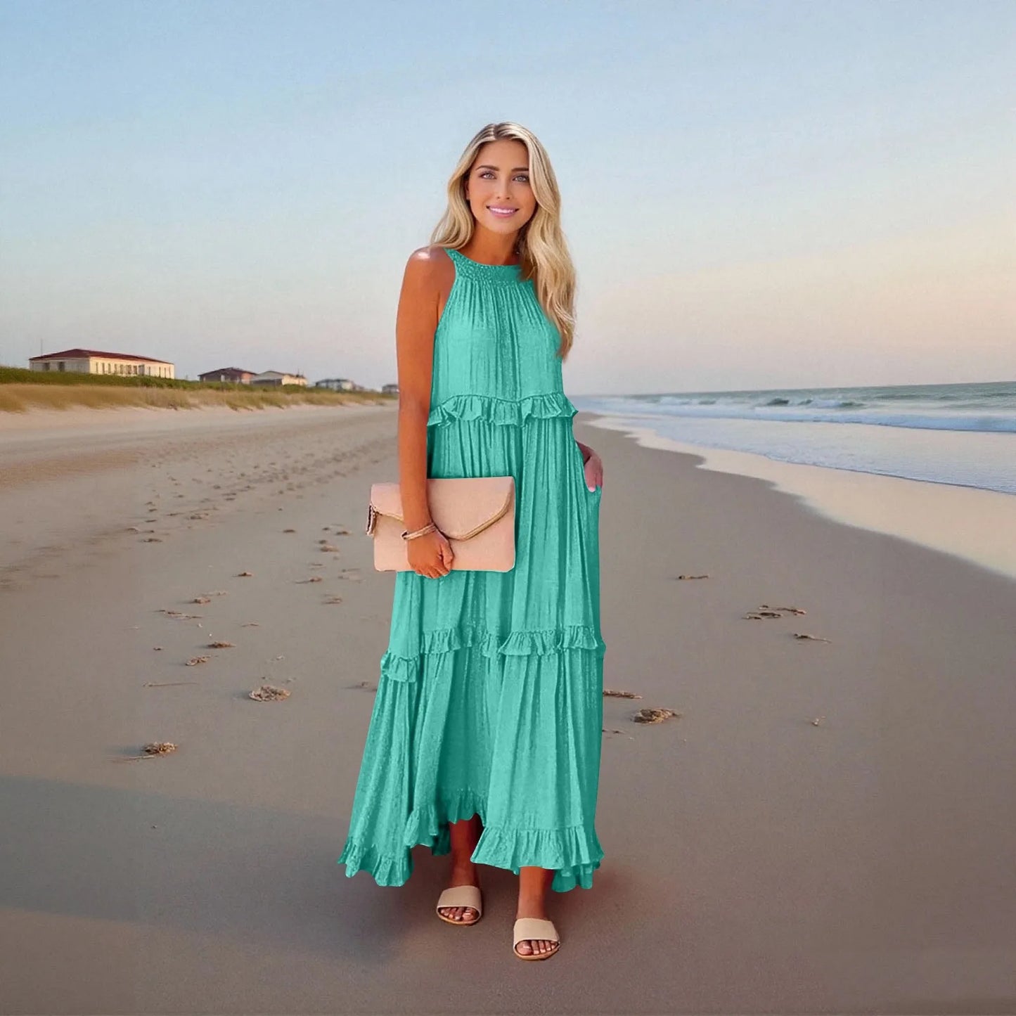 Women's Ruffled hem layered long dresses Summer Sleeveless backless dress Fashion Long Dress Big Swing Beach Dress vestidos