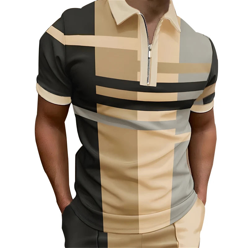 Spring Summer Men Casual Short Sleeve Business Polo Shirt Men Clothes Zipper Polo Shirt Men Spell Color Golf Polo Shirts