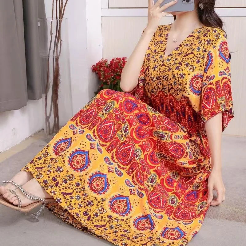V-neck Large Skirt Hem Casual Sweet Holiday Long Dress Bat Sleeves Elastic Waist Bohemian Print Floral Elegant Dresse For Women