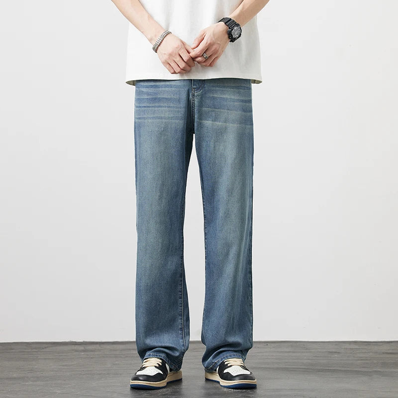 Summer Thin Men's Lyocell Loose Straight Jeans Soft Drape Ice Silk Casual Wide Leg Denim Trousers Fashion Korean Streetwear
