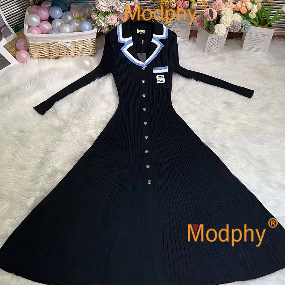 Modphy 2025 Elegant Slim Knitted Long Dress Women's Letter Single Breasted Long Sleeved Designer Vintage Dresses Autumn