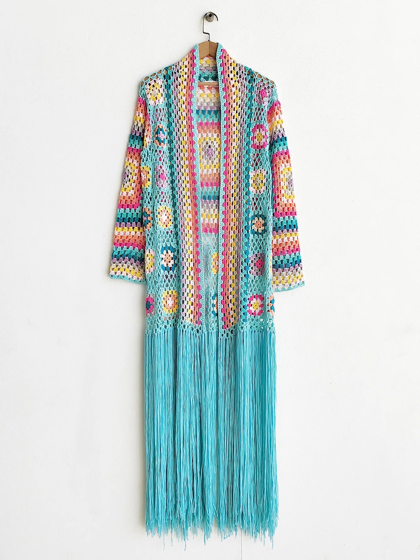 Crochet Knitted Women Cardigan Cover Ups Tassel Plaid Long Coat Bohemian 2023 Summer Beach Bikini Covers Sexy Hook Vestidos