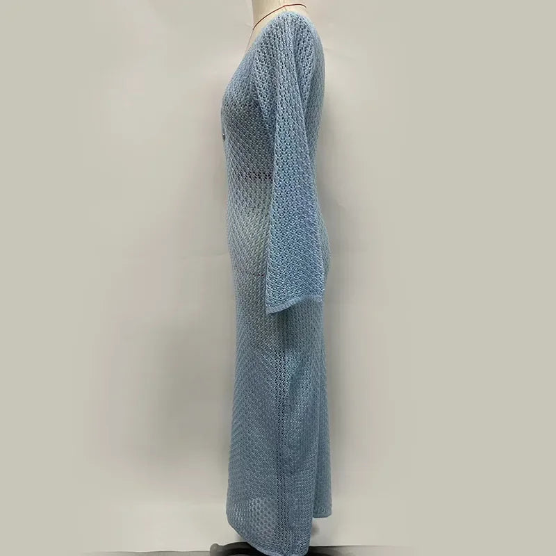 TARUXY Crochet Beach Maxi Dress Women's Sexy Knitted Hollow Bikini Swimsuit Cover-Up Sun Protection Dress See Through Slim Lady