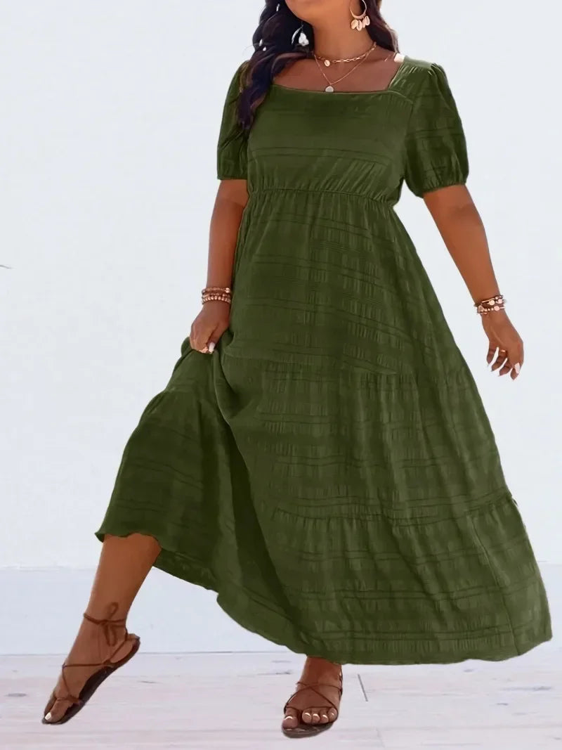 Plus Size 1XL-5XL Women's Fashionable Square Neck Solid Color Dress Ladies Casual A-line Skirt Short Sleeved Long Dress