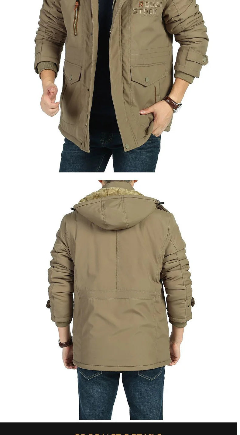 winter Parka Men's Multi-pocket Thickened Fleece-lined Cold-proof Padded Jacket Outdoor Camping Removable Cap Warm Men's Coat