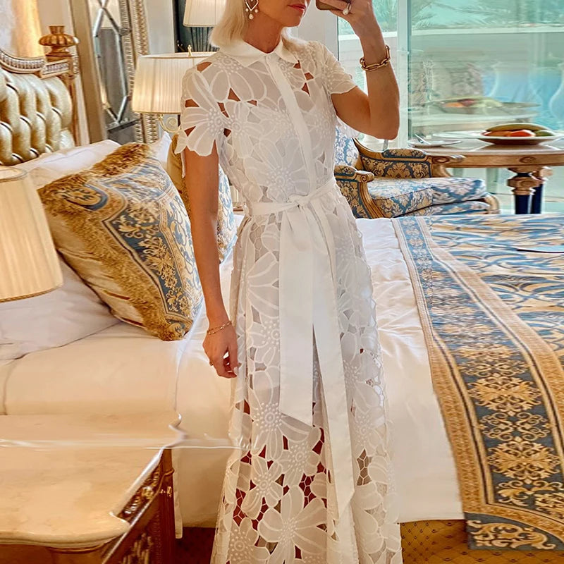 Casual Solid Color Holiday Dresses Summer Women's Lapel Tie Up Lace Dress Sexy Hollow Short Sleeved Single Breasted Long Dress