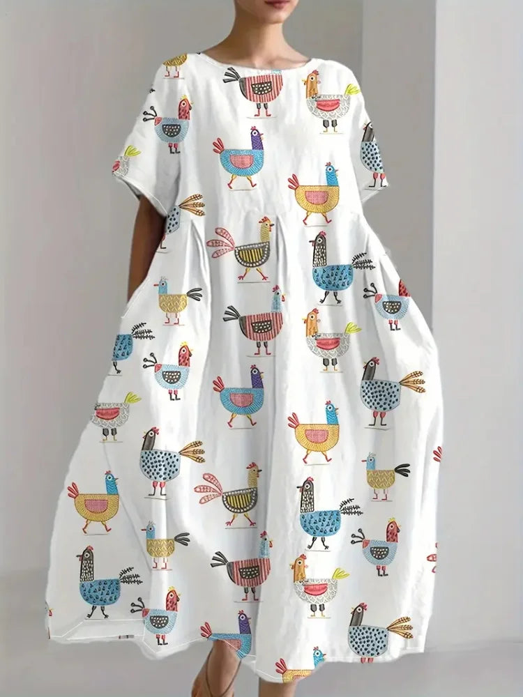Cute Cat 3D Printed Round Neck Elegant Knee-length Dress Outdoor Holiday Casual Women's Long Dress Elegant Women's Long Dress