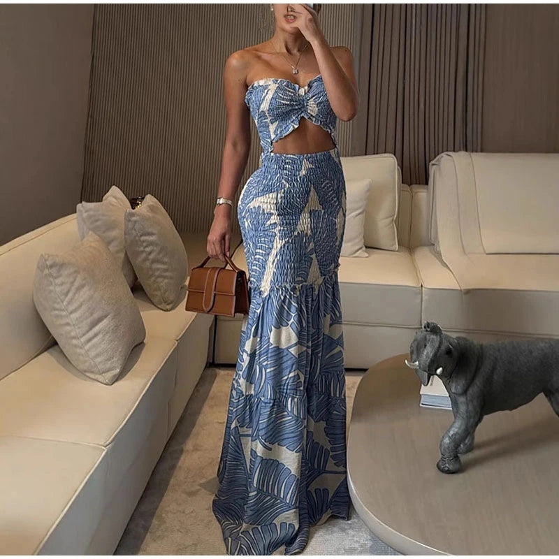 Printed Strap Pleated Long Dress Women Backless Off Shoulder Patchwork Ruffle Summer 2025 Dresses Party Vacation Chic Sexy Robe