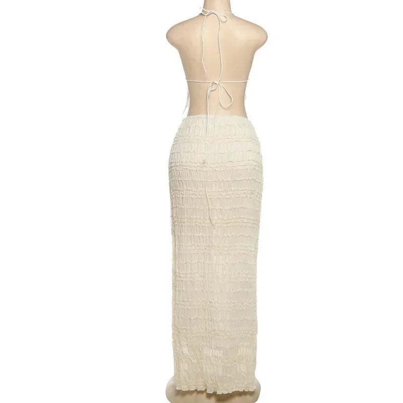 Chaxiaoa Chiffon Lace Sexy Skirt Two Piece Sets Women Halter Crop Tops and Maxi Skirt Ladies Fashion Woman Long Dress Set