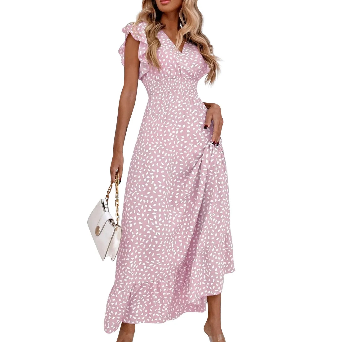 Polka Dot Dress For Women Sexy V-Neck Long Dress Casual And Fashionable Ruffle Edge Short Sleeved High Waisted Dress