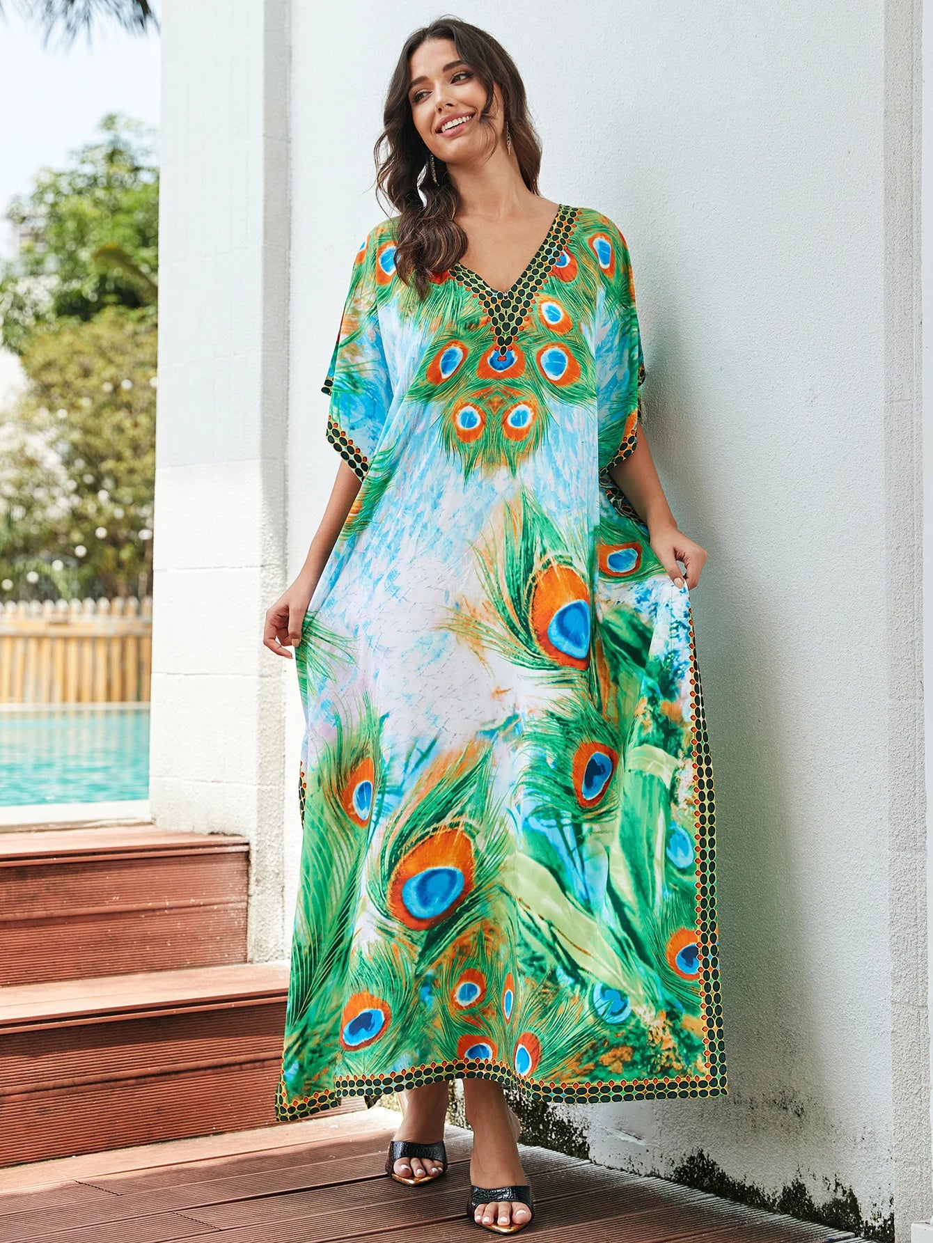 Women's Print Turkish Kaftan Bikinis Set Beachwear Bikini Cover Up Maxi Dress Bathing Suit Summer Outfit
