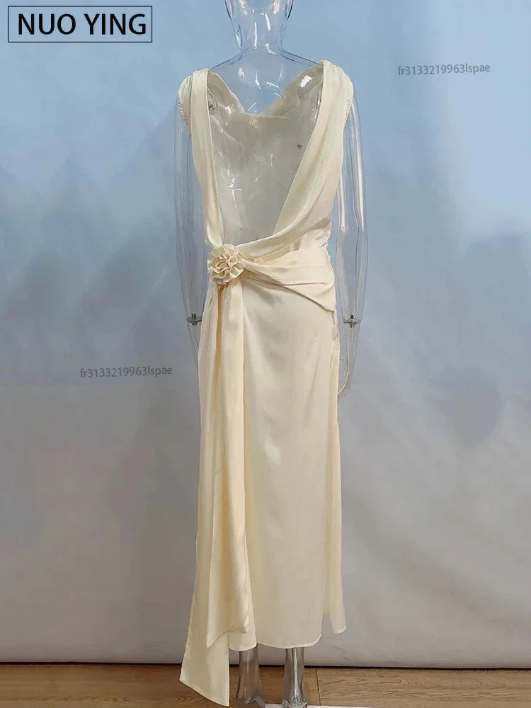 2025 Satin Backless Sexy Long Dress for Women Elegant Rose Thigh High Waist Beach Holiday Gorgeous Club
