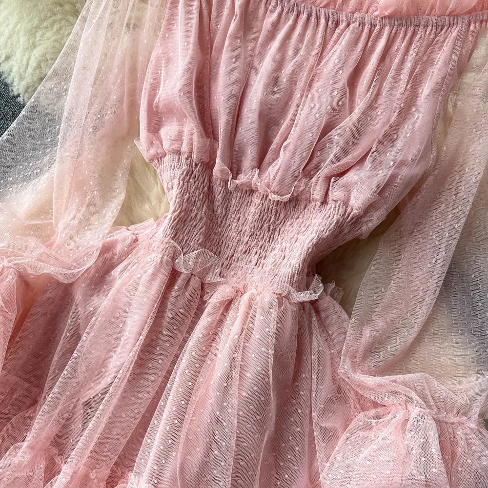 SINGREINY Mesh Party Long Dress Women Ruffle Long Sleeve Slash Neck Elastic Waist French Ladies Summer Elegant A Line Dresses