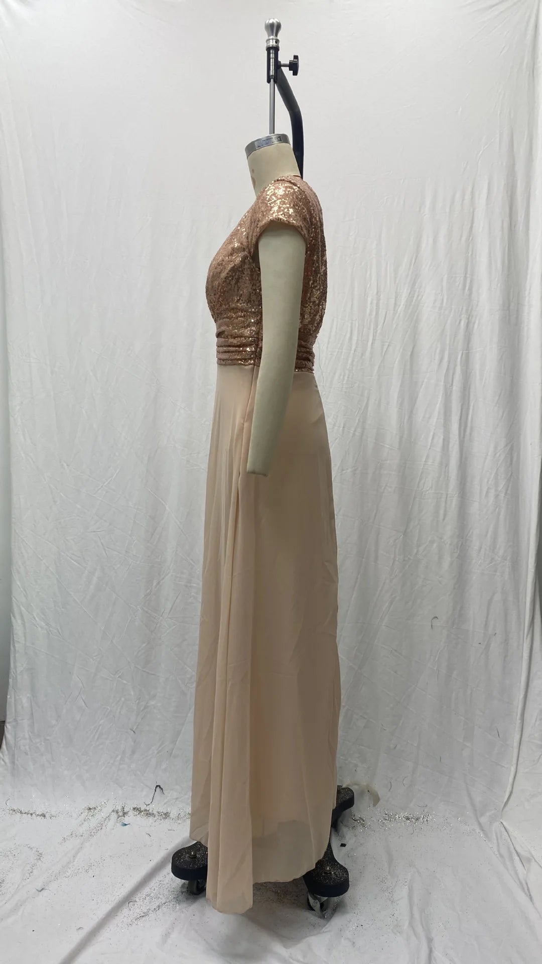 Elegant Sequins Chiffon Dress for Women V Neck Pleated Hem Female Sequins Chiffon Prom Cocktail Long Dress Wedding Evening Dress