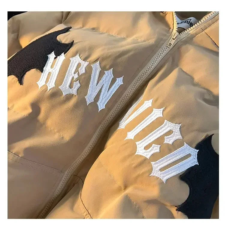 Winter New Cotton Jacket Devil Wing Embroidery Bread Jackets Men's Women's Vintage Harajuku Casual Loose Hooded Cotton-padded