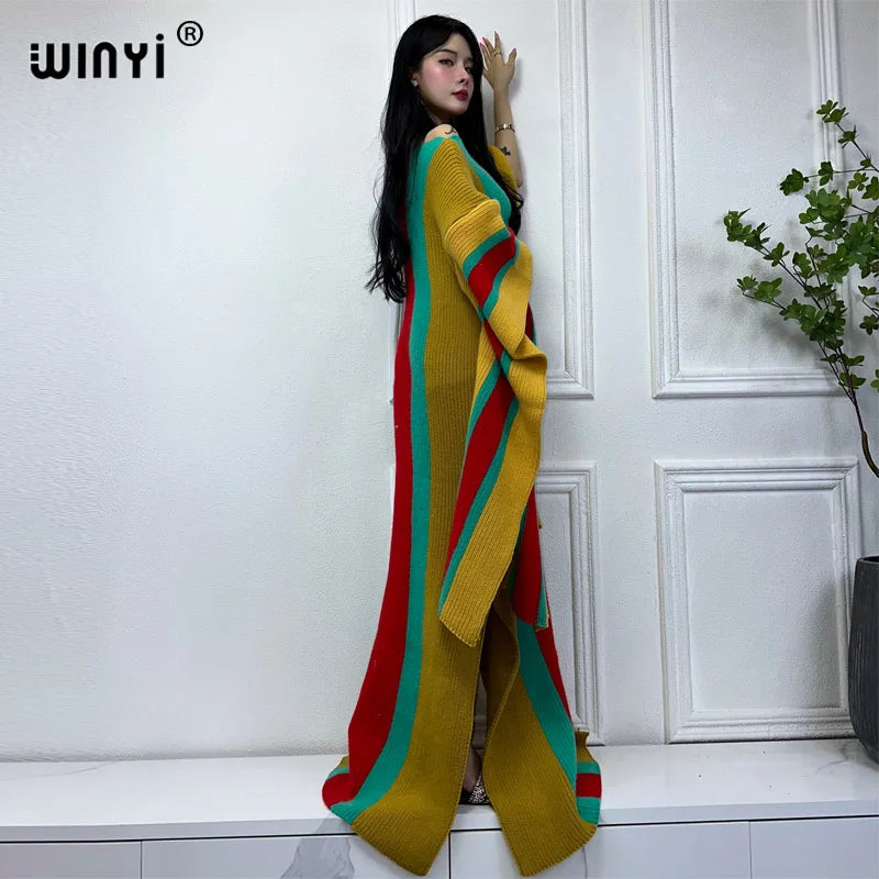 WINYI winter Knitted elastic maxi long dress Comfort Warm fashion Caftan Elegant Women winter clothes for women party dresses