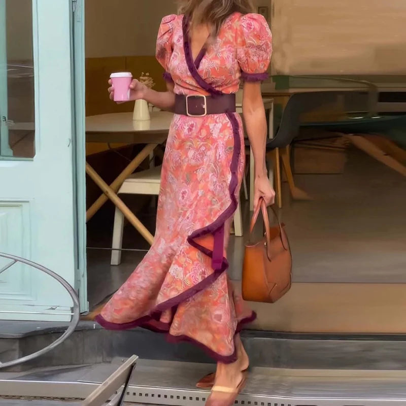 2025 Summer New Bohemian Pattern Print Long Dress Casual V Neck Irregular Fit Dress Elegant Puff Sleeve Vacation Dress For Women