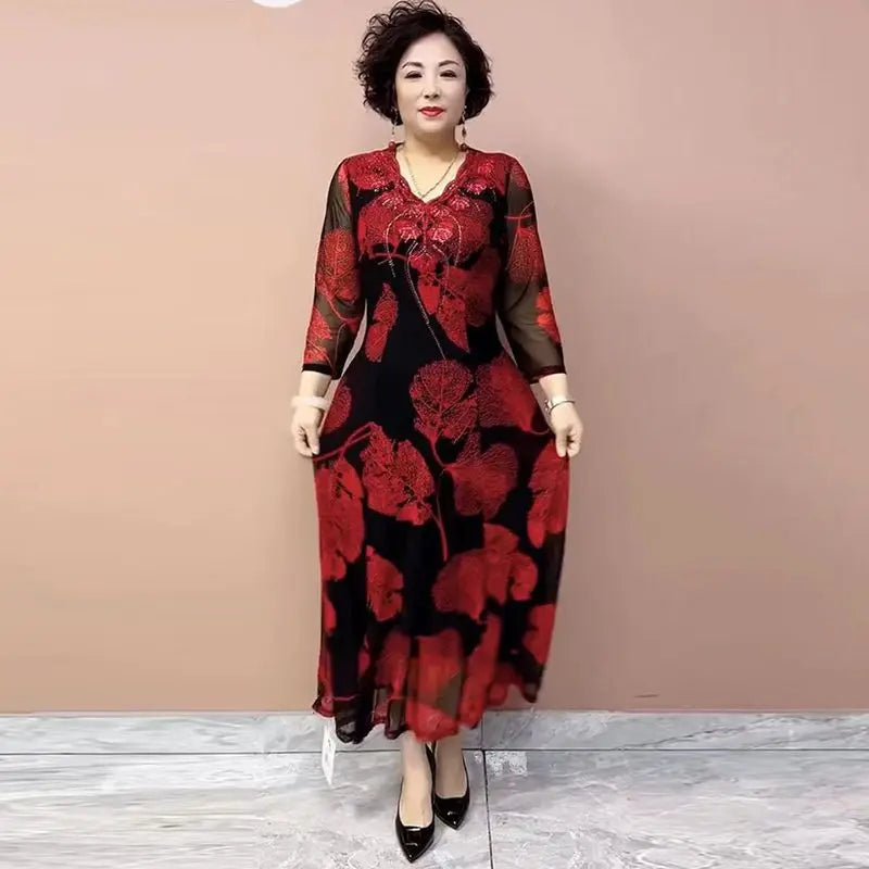 Female Clothing Vintage Leaf Printed Long Dress Elegant V-Neck Spring Summer New Casual 3/4 Sleeve Chic Diamonds A-Line Dresses