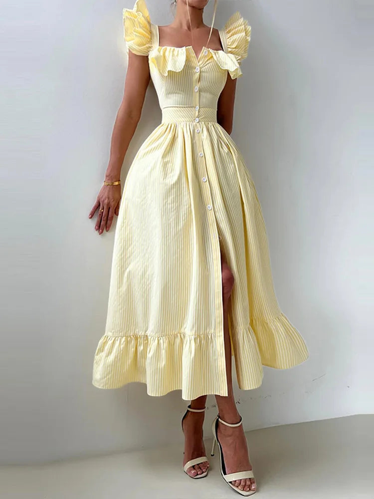 Flying Sleeve Ruffle Striped Slip Long Dress Women Elegant Square Collar Waist Cinching Pleat Party Dresses Chic Ladies Vestido