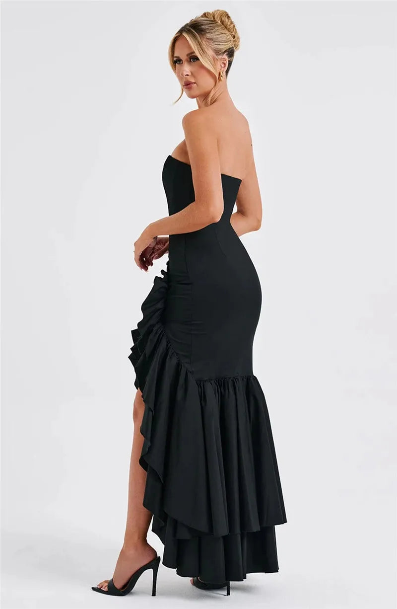 Mozision Strapless High Split Ruffle Long Dress For Women Fashion Off-shoulder Backless Sleeveless Bodycon Club Party Sexy Dress