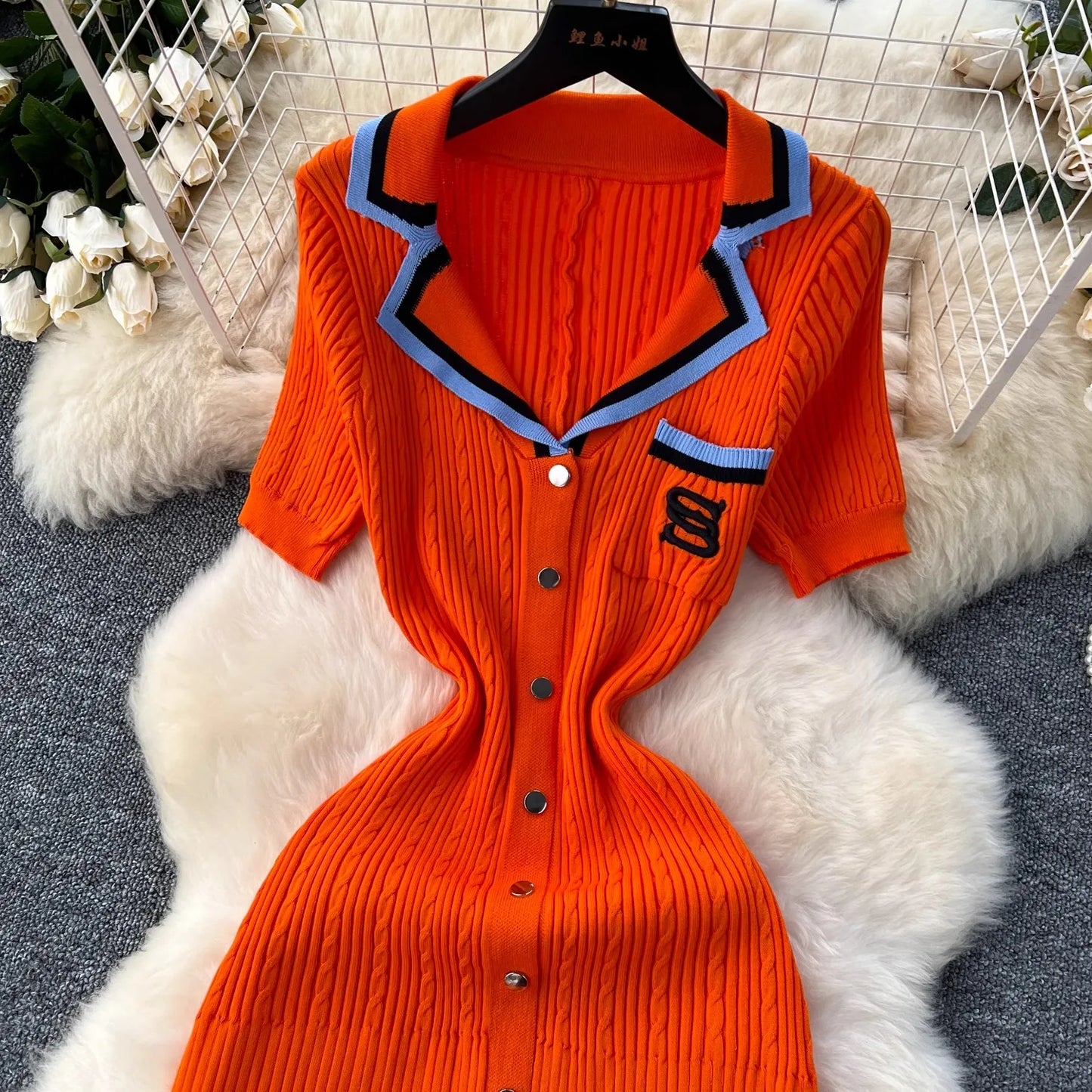 YuooMuoo 2024 Summer Women Knitted Long Dress Brand Fashion Turn-down Collar A-line Sweater Dress Elegant Lady Office Dress Robe