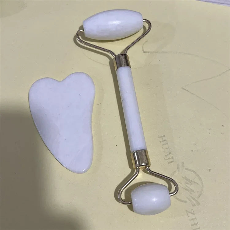 Natural Jade Double Head Roller Health Beauty Treatment Device Scraping Board Set Xiuyan Face Massager To Lift Remove Wrinkles