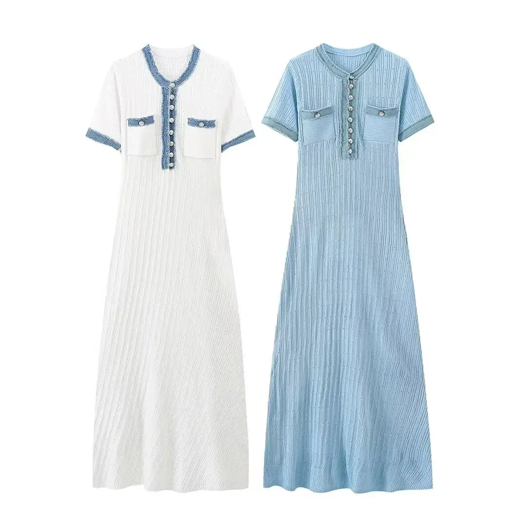 European and American style denim stitching knitted short-sleeved dress women's new high-end design long dress