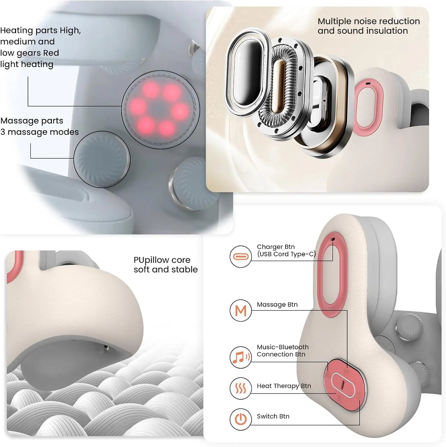 Wireless Neck Massager Red Light Hot Compress Massager Sleep Noise Reduction U-shaped Neck Pillow Masajeador Bluetooth Music