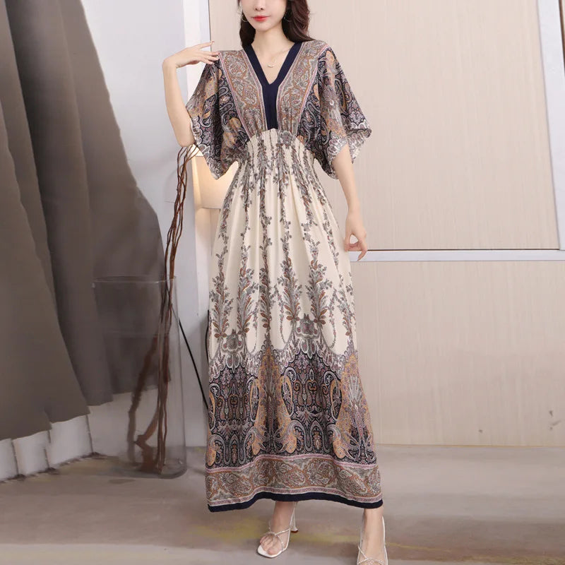 V-neck Large Skirt Hem Casual Sweet Holiday Long Dress Bat Sleeves Elastic Waist Bohemian Print Floral Elegant Dresse For Women